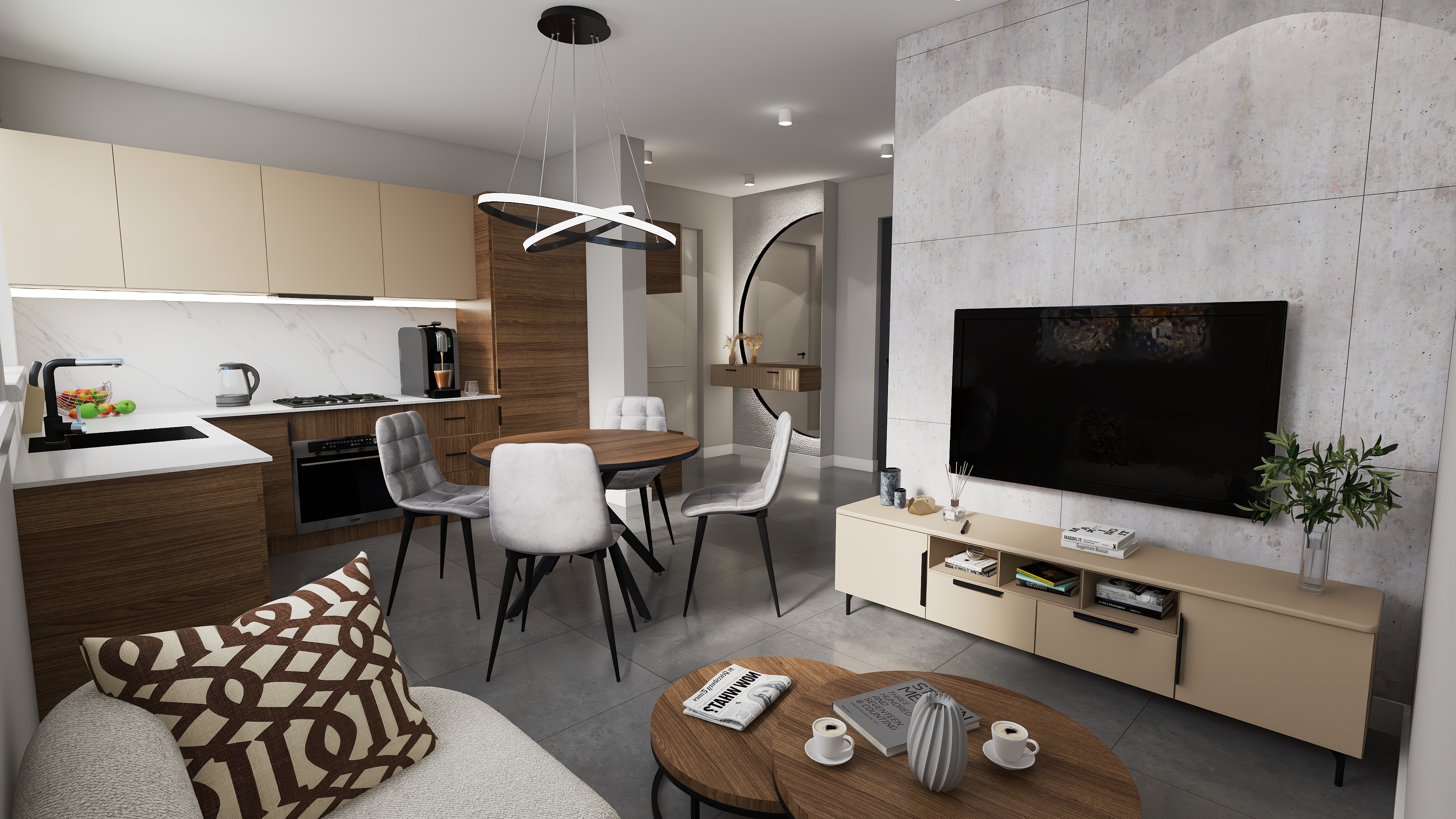 Wizualizacja salonu z betonem architektonicznym